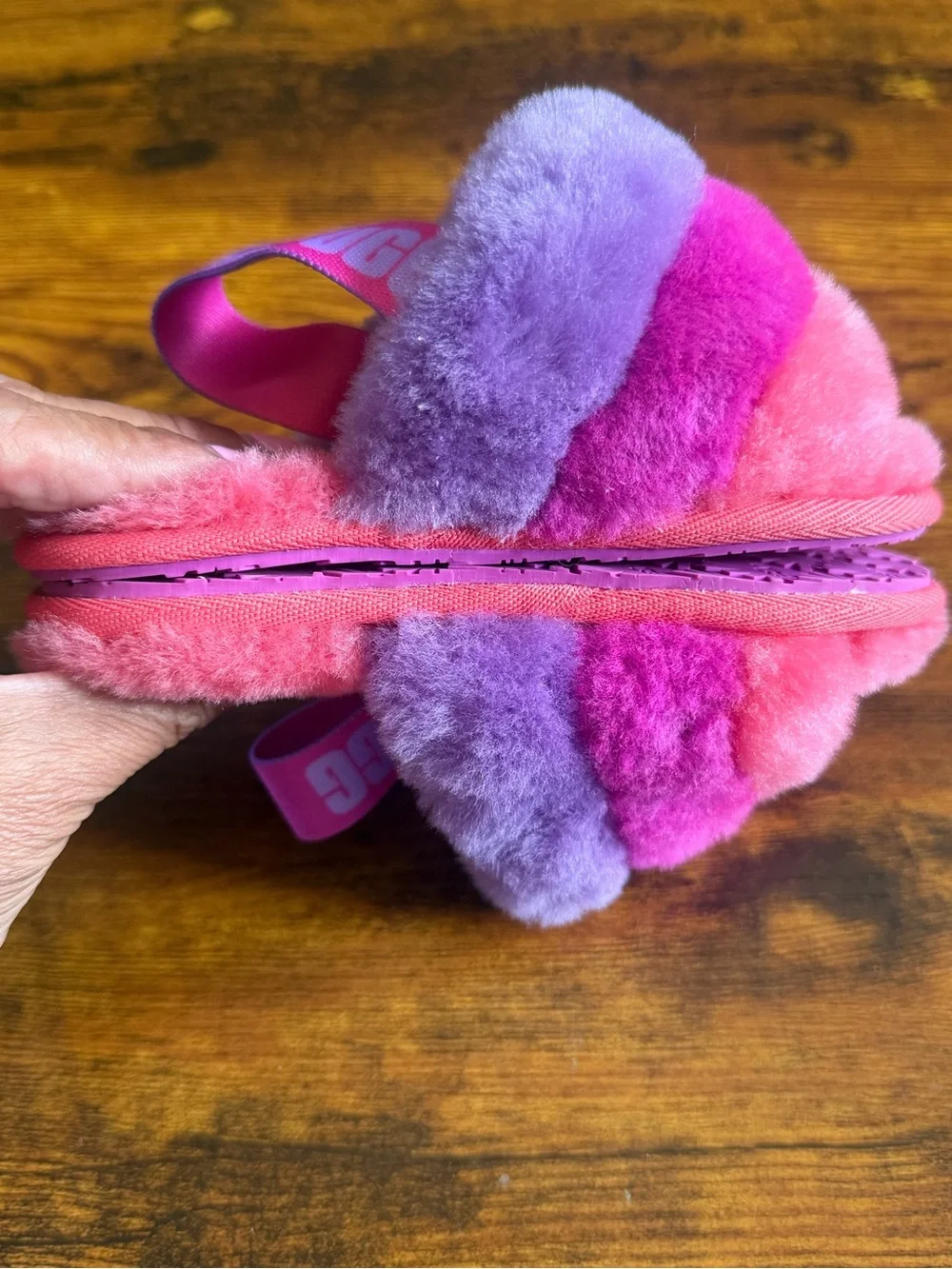 UGG Pink and Purple Fuzzy Slide Slippers Sz 8 Toddler